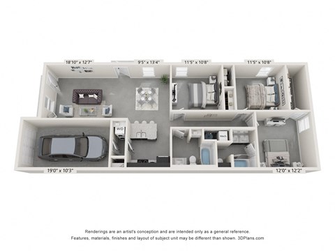 Floor plan for 3 beds, 2 baths, 1300 sqft